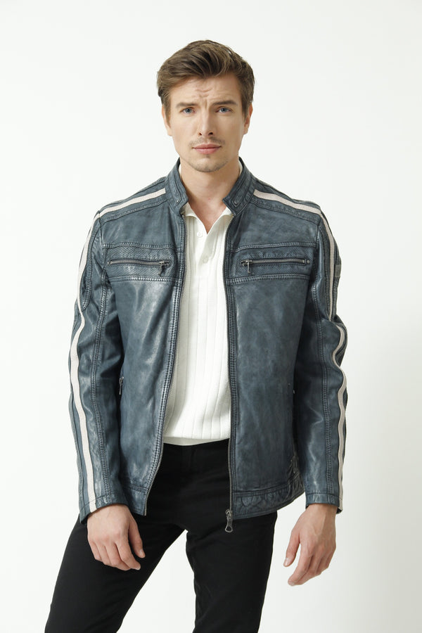 Herren Lederjacke mehrfarbig aus Lammnappa Blau Grau in Vintage Look