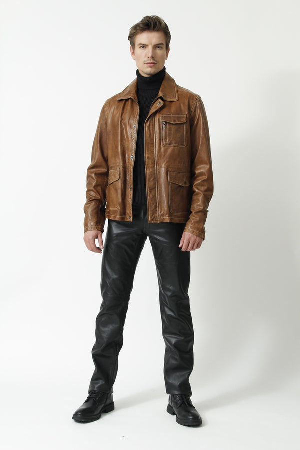 Halblange Herren Lederjacke in Cognac Lammnappa Leder Schmidt Online