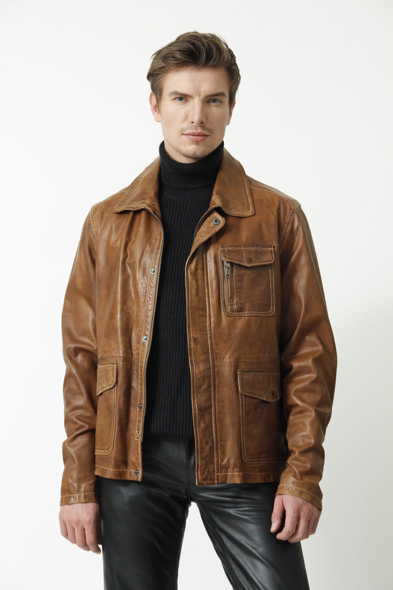 Halblange Herren Lederjacke in Cognac Lammnappa Leder Schmidt Online 