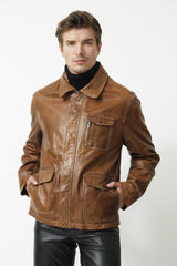 Halblange Herren Lederjacke in Cognac Lammnappa Leder Schmidt Online