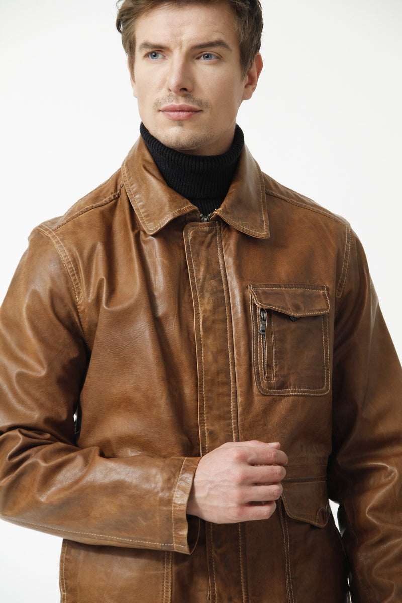 Halblange Herren Lederjacke in Cognac Lammnappa Leder Schmidt Online