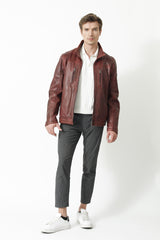 Herren Lederjacke mit Stehkragen Lammnappa in dunkel Rot used Look