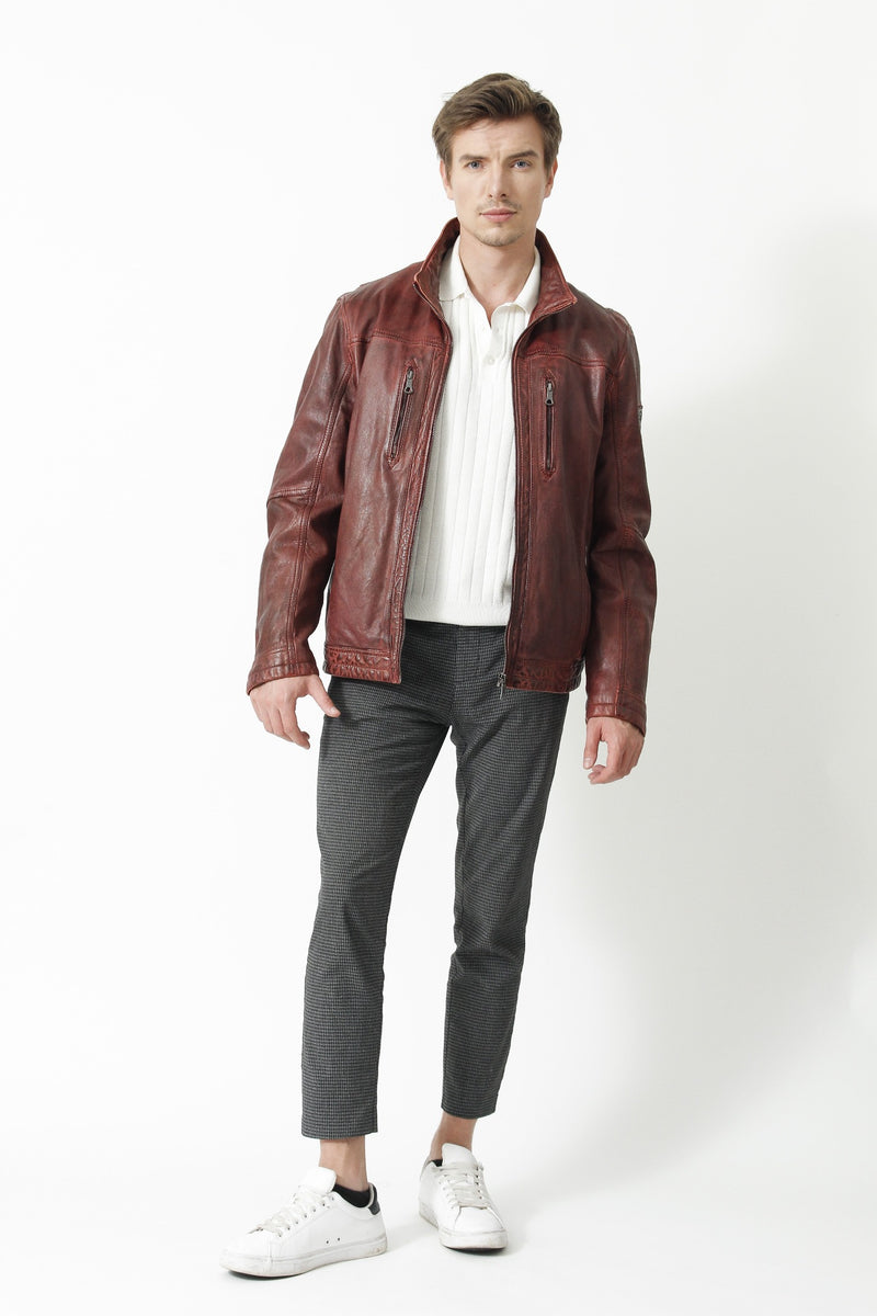 Herren Lederjacke mit Stehkragen Lammnappa in dunkel Rot used Look