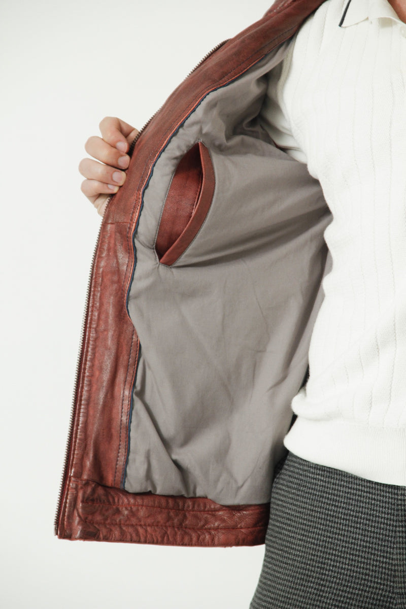 Herren Lederjacke mit Stehkragen Lammnappa in dunkel Rot vintage Look