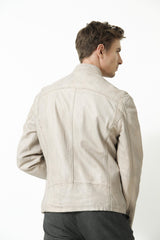 Herren Biker Lederjacke in hell Beige mit Stehkragen aus Lammnappa.