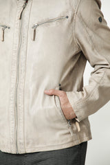 Herren Biker Lederjacke in hell Beige mit Stehkragen aus Lammnappa.