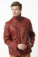 Herren Lederjacke Lammnappa in d.Rot in Vintage Look hochschließbar