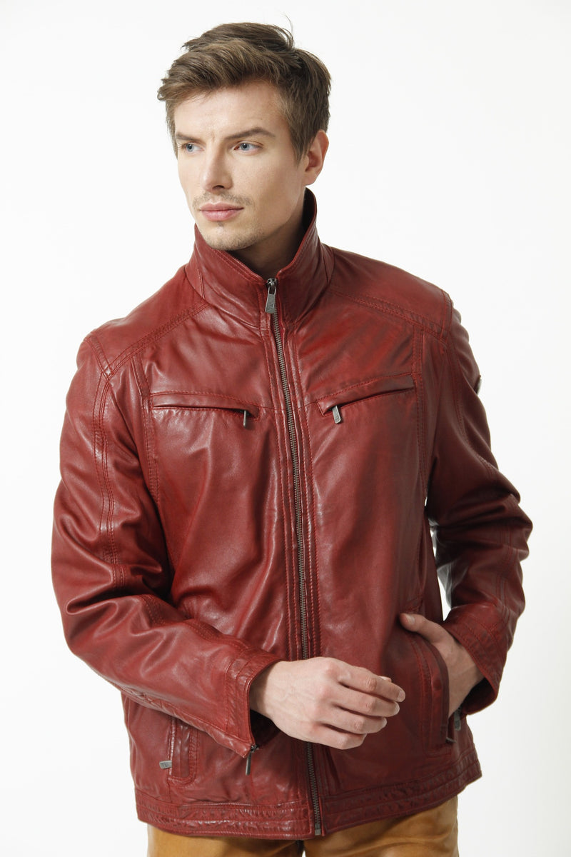 Herren Lederjacke Lammnappa in d.Rot in Vintage Look hochschließbar
