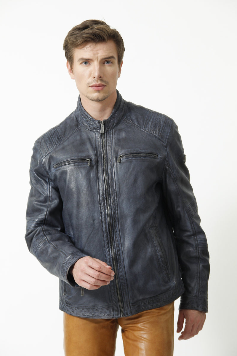 Herren Bikerstyle Lederjacke Navy Blue Lammnappa und Steppnähte als Details