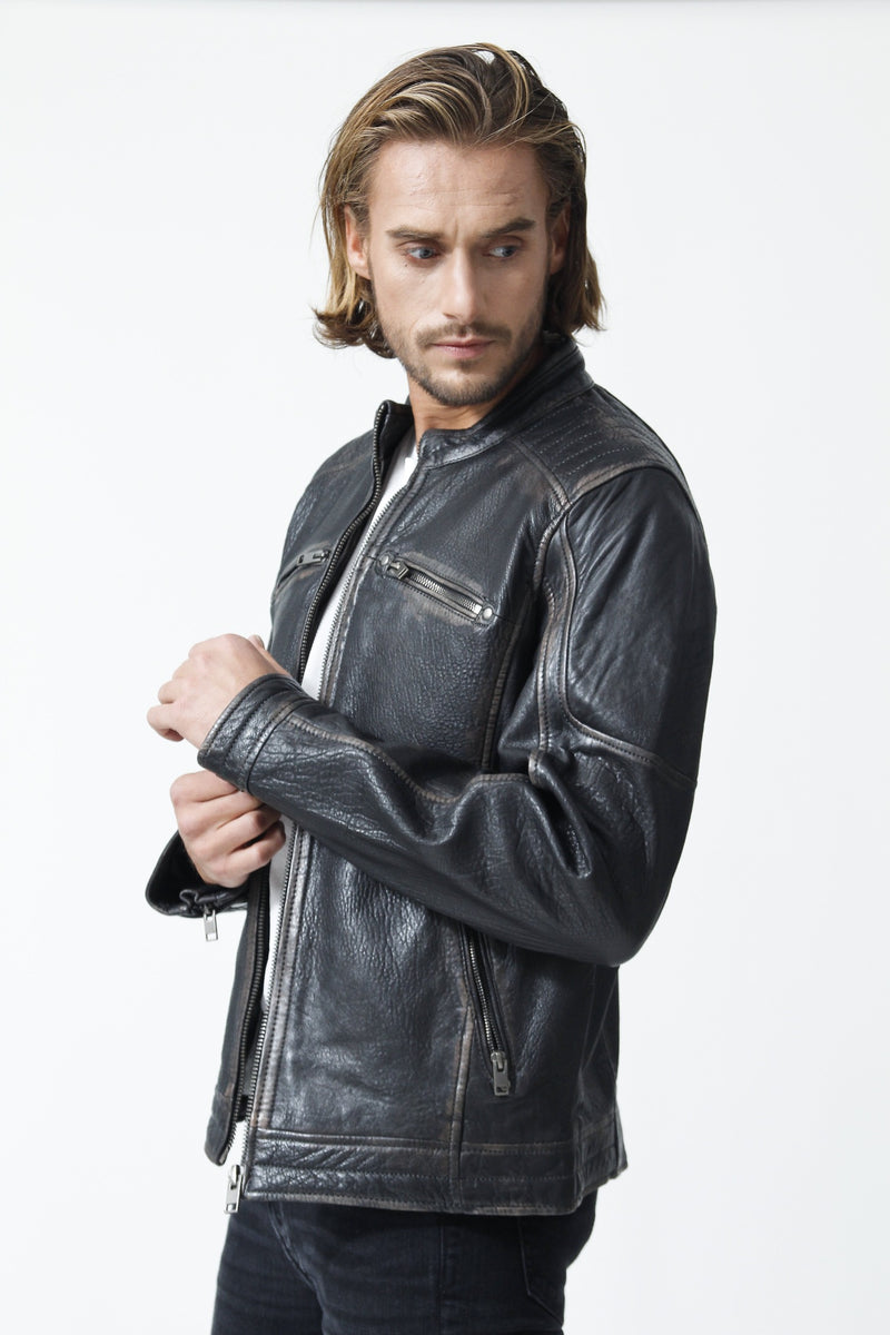 Herren Lederjacke im Bikerstyle in Neuseeland Lammnappa mit Bubble Effekt