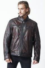 Herren Bikerstil Lederjacke in Lammnappa Bordo/Schwarz Vintage