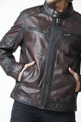 Herren Bikerstil Lederjacke in Lammnappa Bordo/Schwarz Vintage