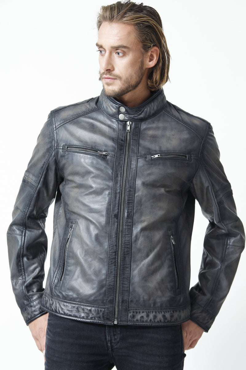 Herren Bikerstil Lederjacke in Lammnappa Anthrazit Vintage look