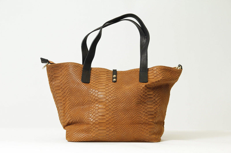 Damen Tragetasche aus Rindnappa cognac in Schlangenoptik 