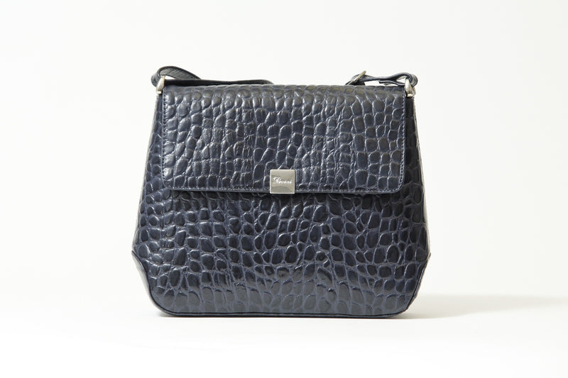 Kleine Damen Schultertasche aus Rindleder mit croco-optik geprägt in Blau