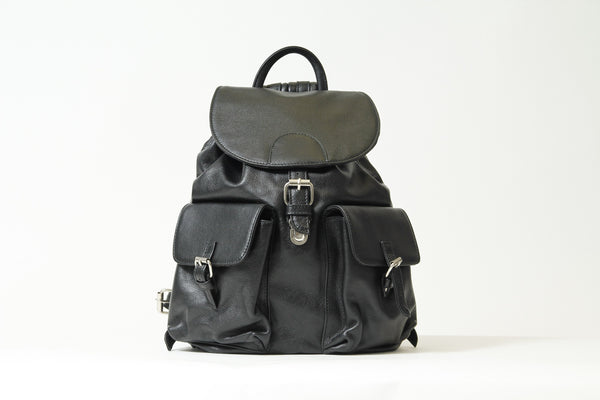 Herren Leder Rucksack aus Rindnappa schwarz mit vielen Taschen 
