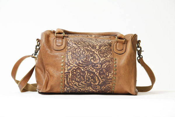 Damen Alltags Ledertasche aus Rindnappa mit Prägung in Braun 