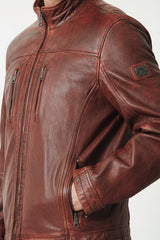 Herren Lederjacke mit Stehkragen Lammnappa in dunkel Rot vintage Look
