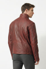 Herren echte Lederjacke mit Stehkragen Lammnappa in dunkel Rot used Look
