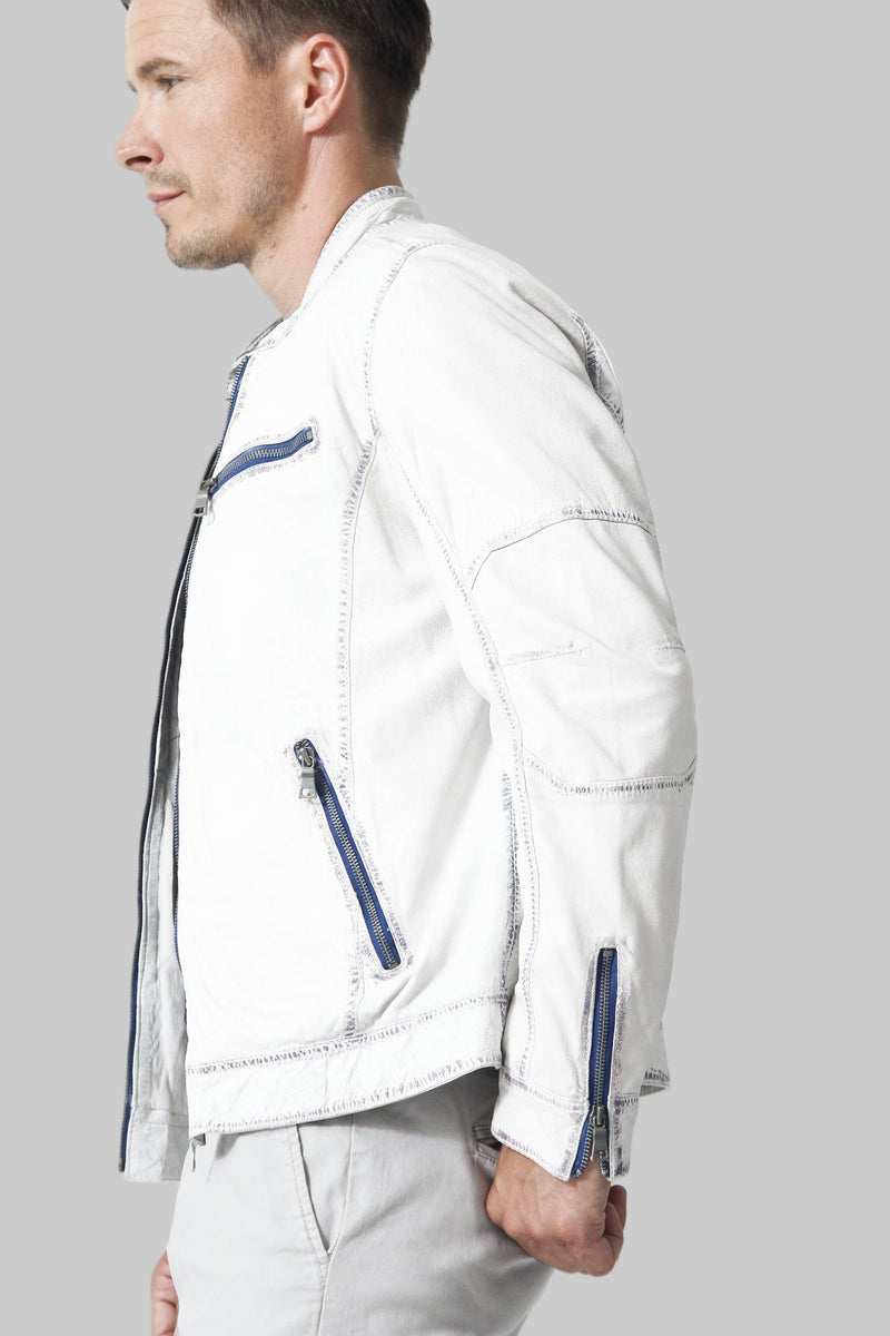 Herren Leder Jacke Lammnappa in Offwhite Blau mit Stehkragen hochschließbar