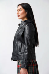 Damen Bikerjacke mit Kapuze in schwarz Lammnappa und stoffkapuze abtrennbar