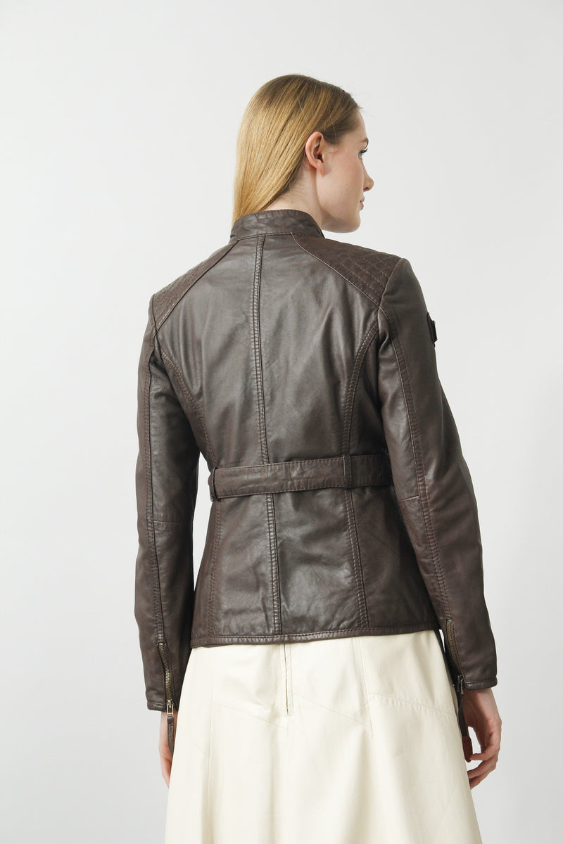 Figurbetonte Damen Lederjacke im Biker Look Braun aus Lammnappa 