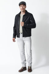 Schlichte Herren Lederjacke in Schwarz Lammnappa mit zwei Eingriffstaschen