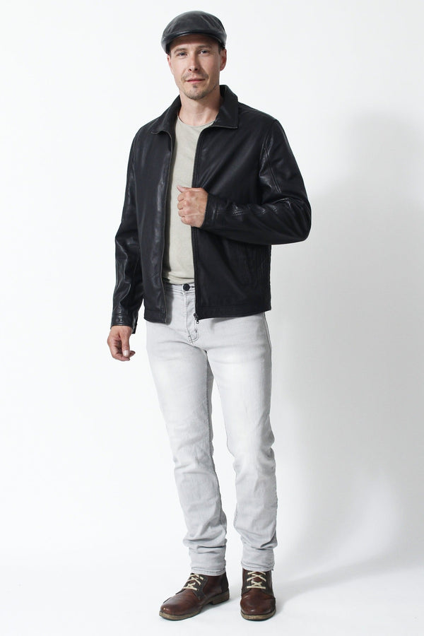 Schlichte Herren Lederjacke in Schwarz Lammnappa mit zwei Eingriffstaschen