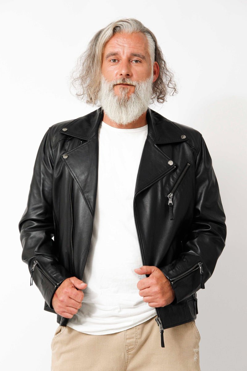 Kurze Herren Bikerstyle Lammnappalederjacke schwarz  feinste Qualität mit Asymmetrischen Reißverschluss