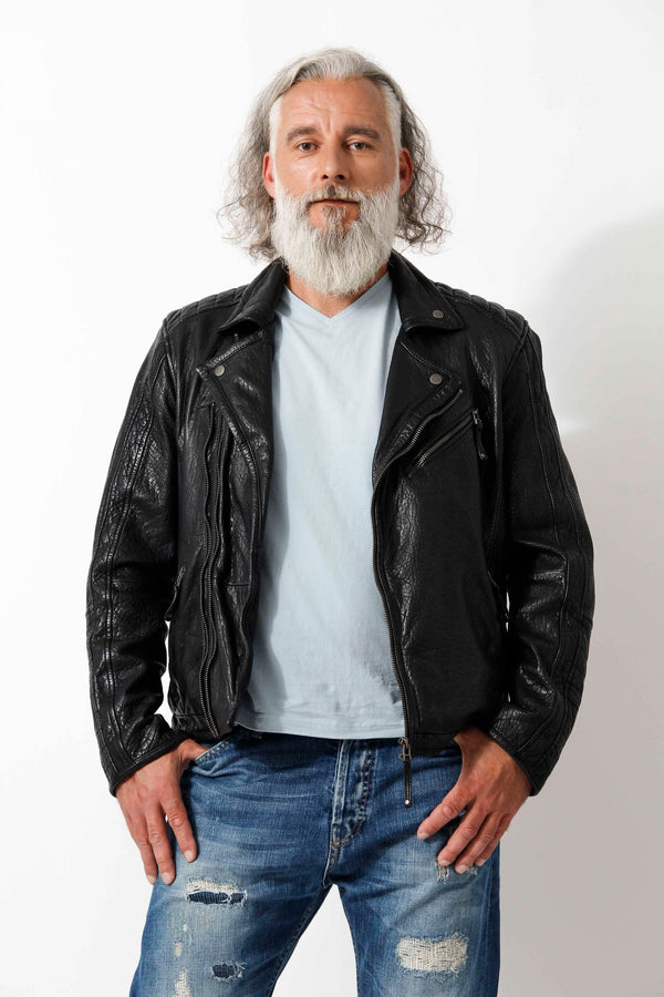 Kurze Herren Bikerlederjacke aus New Zealand  Lammnappa schwarz Bubble Effekt