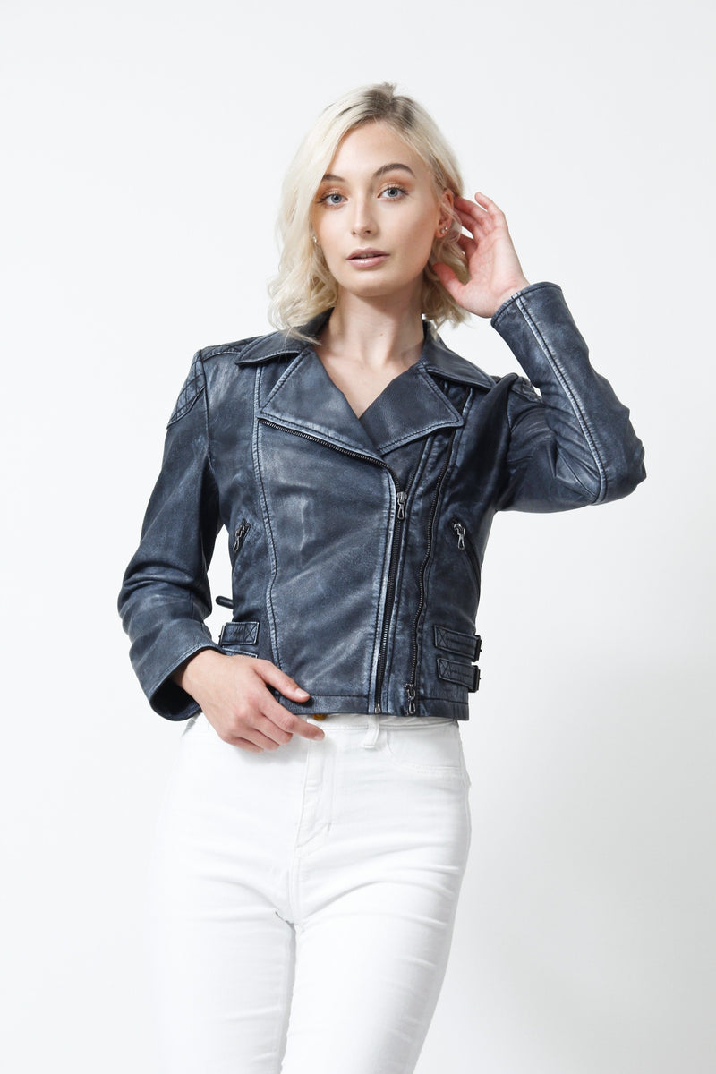 Kurze Damen Biker Lederjacke in Lammnappa Jeansblau im vintage Look