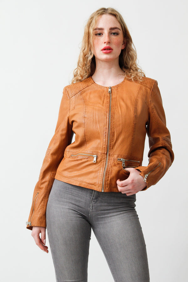 Kurzer Damen Lederbolero aus Lammnappa amaretto washed Look ohne Kragen