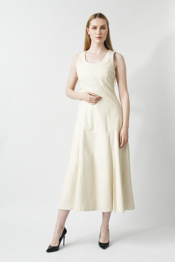 Leichtes dünnes Damen Leder Kleid in Ivory aus Lammnappa 