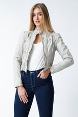 Kurze Bikerstyle Damen Lederjacke aus Lammnappa ivory tailliert mit Stehkragen