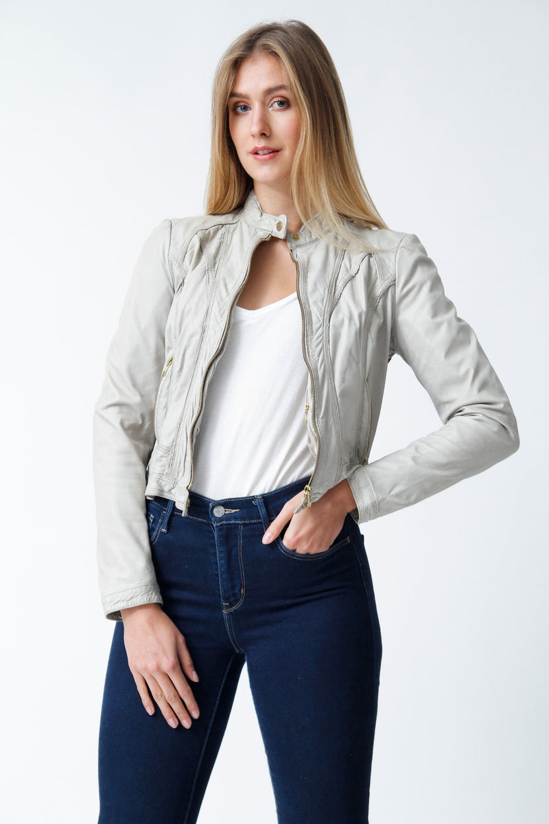 Kurze Bikerstyle Damen Lederjacke aus Lammnappa ivory tailliert mit Stehkragen
