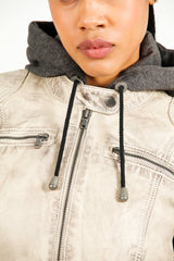 Damen Bikerstyle Lederjacke, Lammnappa Offwithe washed Look mit Stoffkapuze abtrennbar