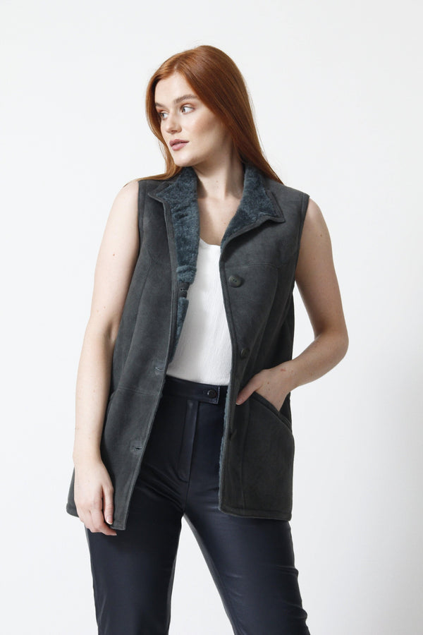 Damen Lammfell Weste in Pelzvelour Petrol, Lederschmidt Online