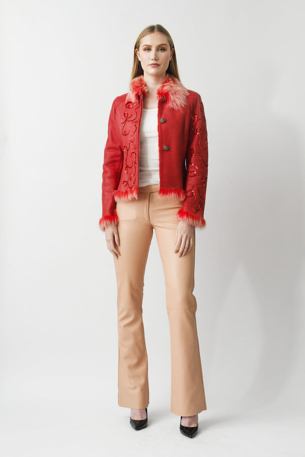 Rote kurze Damen Lammfell-Jacke mit Knöpfen Gr.36