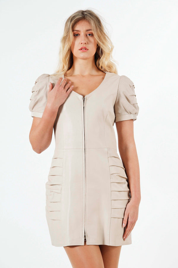 Damen Etui Lederkleid Lammnappa in Ivory  mit Zwei Weg Frontreißverschluss