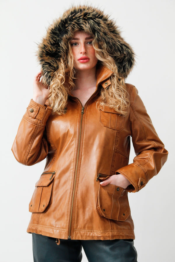 Damen Parka mit Kapuze in Lammnappa cognac vintage und Fellimitat