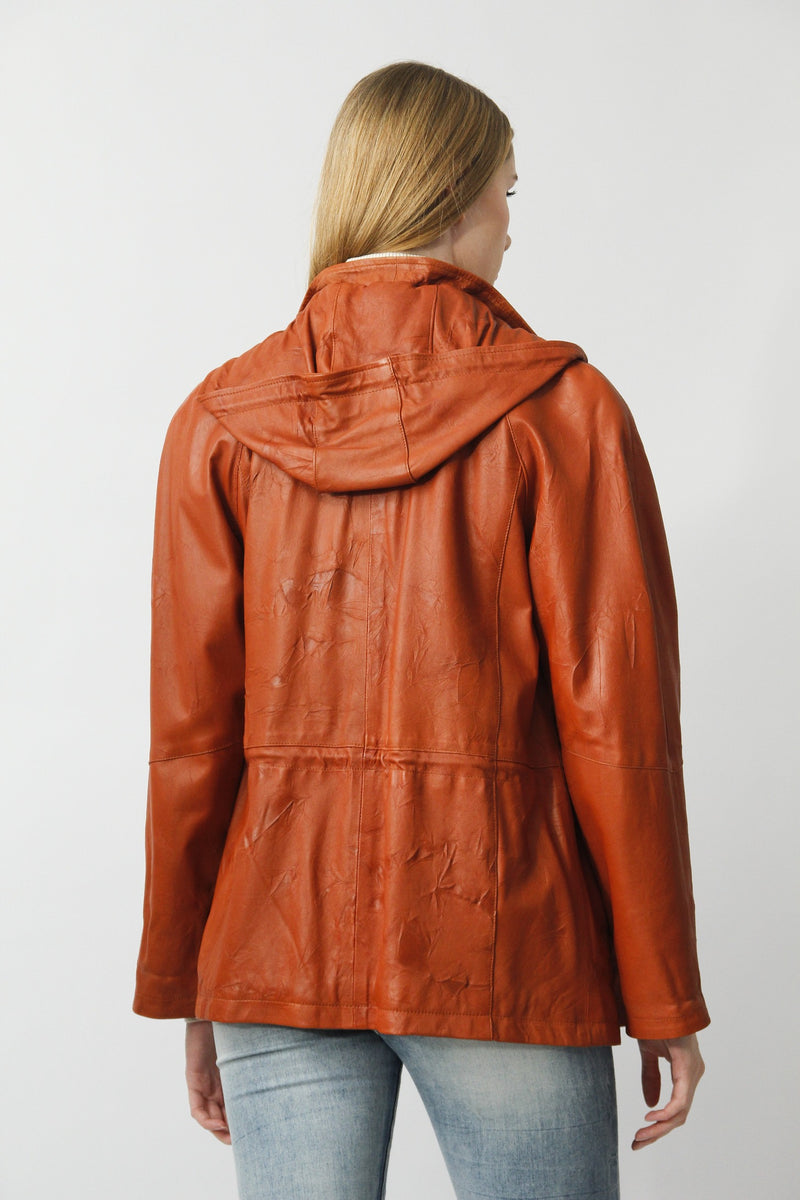 Taillierte sportliche Damen Lederjacke aus Lammnappa mit crash-Optik Orange