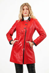 Damen Lederjacke Lammnappa mit Farbkontrast rot/schwarz tailliert mit Zweiwegereißverschluss