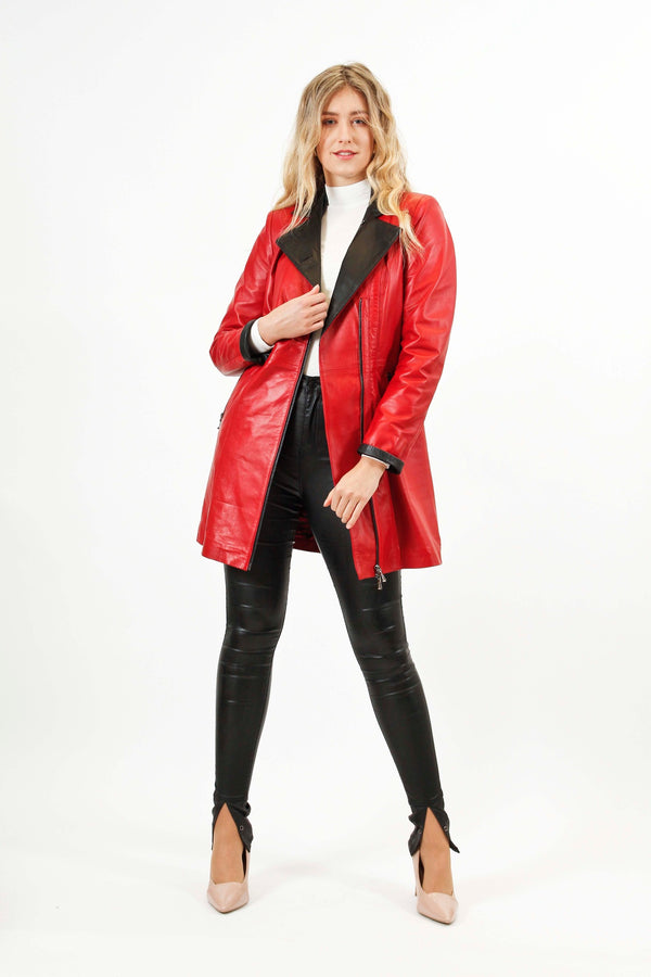 Damen Lederjacke Lammnappa mit Farbkontrast rot schwarz tailliert mit Zweiwegereißverschluss