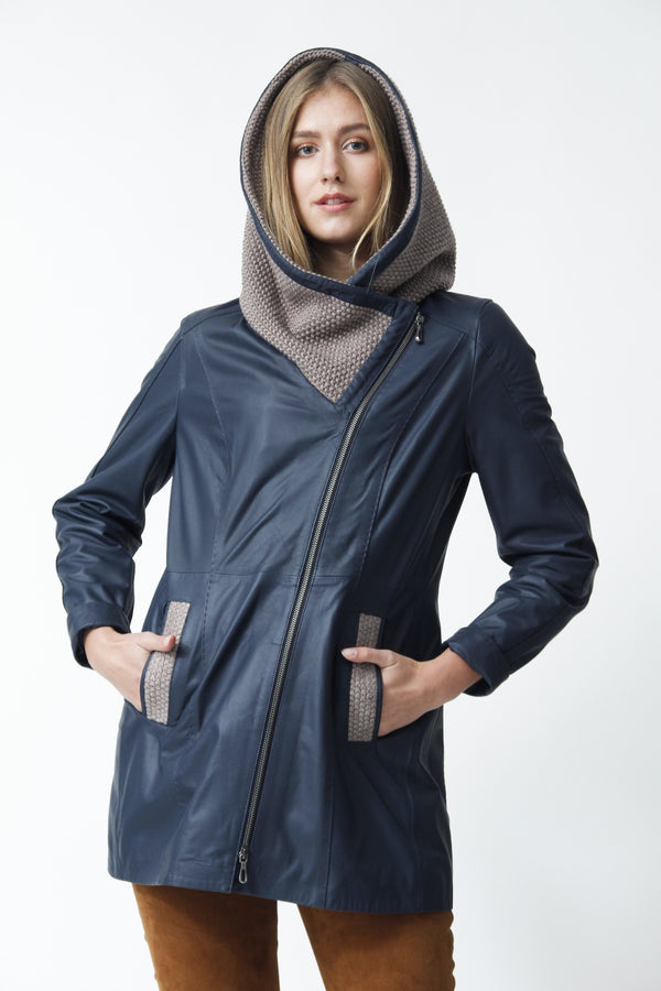 Damen Lederjacke tailliert in Lammnappa blau/beige mit Strickkapuze 