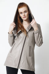 Damen Lederjacke tailliert in Lammnappa in Ivory mit Strickkapuze 