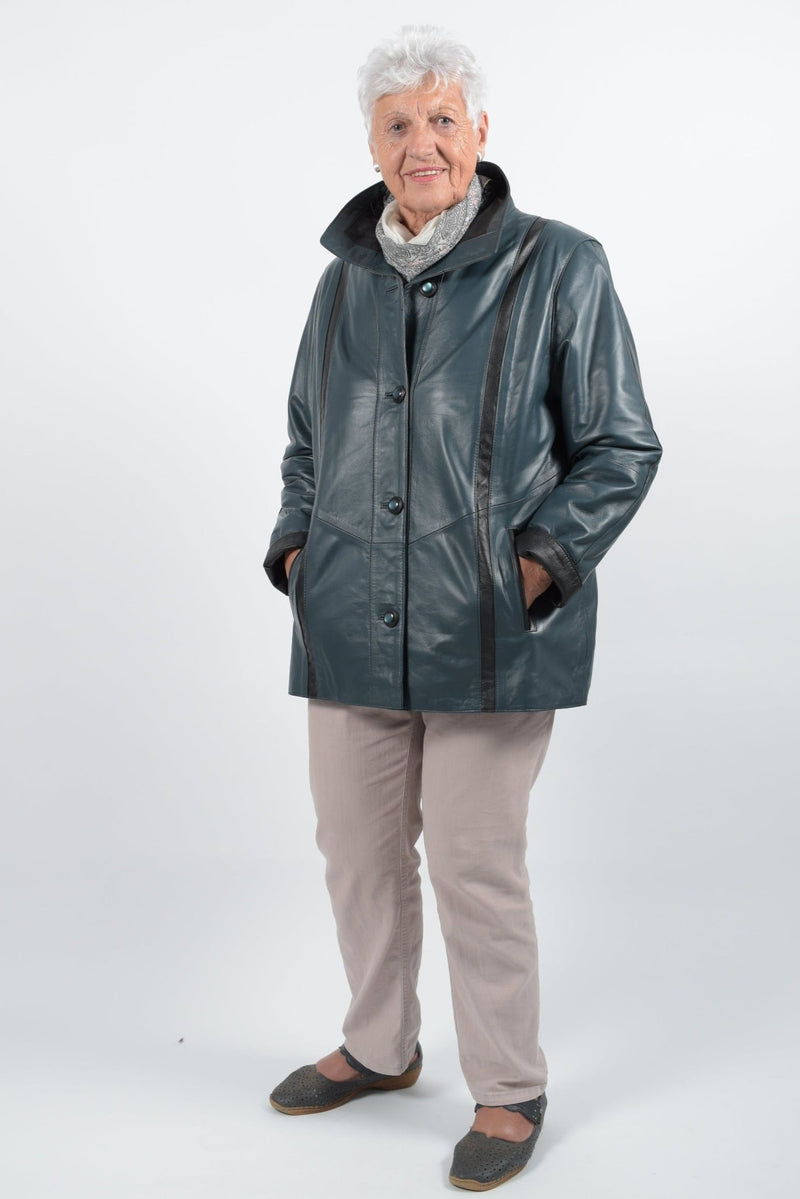 Sehr leichte Damen Lederjacke Po bedeckt aus Lammnappa in blau schwarz abgesetzt