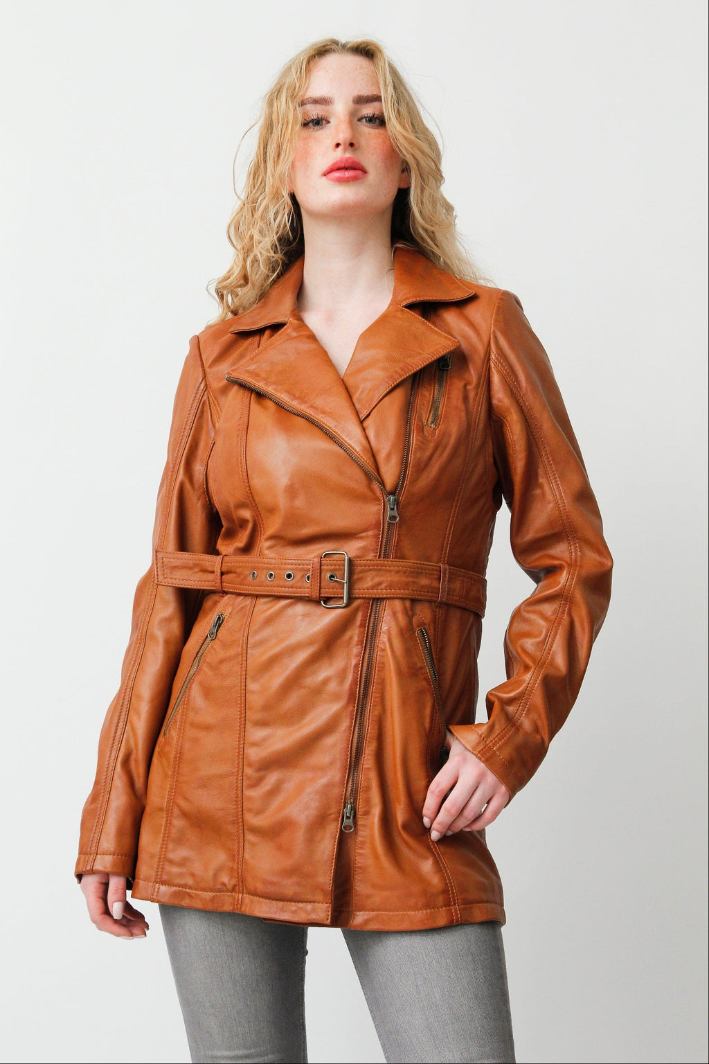 Damenlederjacke Lederjacke Damen Mit GÃ¼rtel Lange Sportliche - Main Image