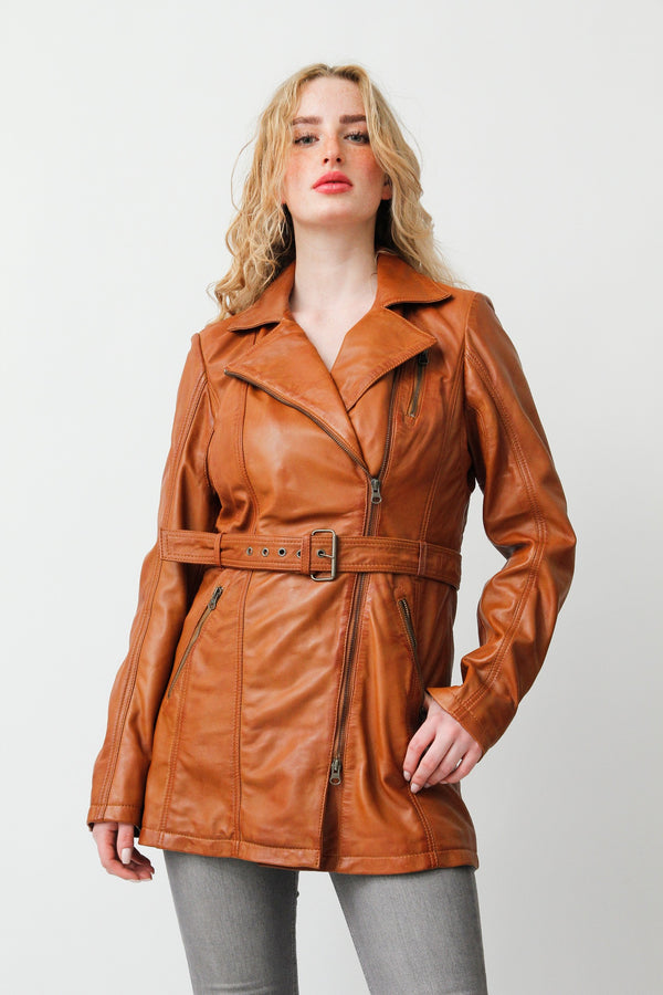 Taillierte Damen Lederjacke Lammnappa in Cognac Vintage Look mit Gürtel