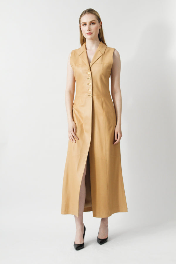 Leichtes dünnes Damen Leder Kleid in Camel aus Lammnappa