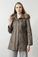 Leder-Parka aus Lammnappa mit Kapuze und Echpelz Besatz in anthrazit